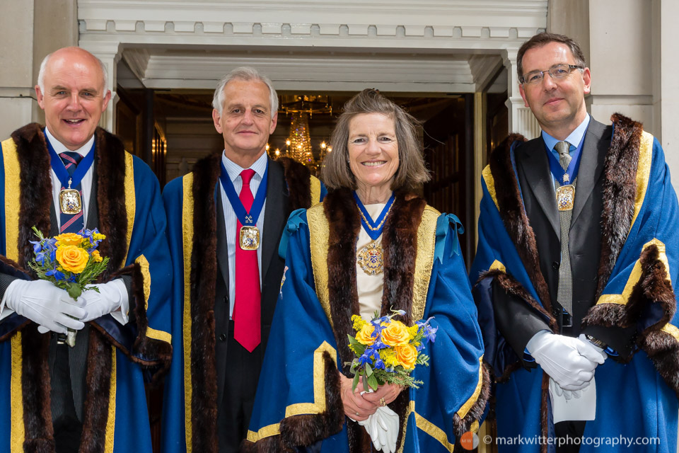 Mrs Petronella Jameson Master of the Worshipful Company of Saddlers 2014, also the first female court member of the company with John Robinson (Far Left,) Past Master Mark Farmer (Left) and Charles Barclay Prime Warden 2015-16 (Right.)