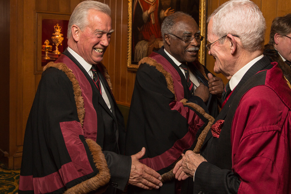 Sir Roger Henry Vickers KCVO FRCS (Left) and The Rt Hon The Lord Rebeiro CBE FRCS (Right) of The Worshipful Company of Barbers' at the Barber Surgeon's Hall.